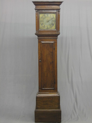 An 18th Century 30 hour single handed longcase clock with bird cage movement, the 10" brass dial with pierced gilt spandrels marked Inkpen Horsham, contained in an oak case 76 1/2" high (reduced in height)