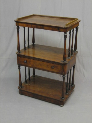 A Victorian rosewood 2 tier what-not with three-quarter gallery, fitted a drawer and raised on turned supports 24"
