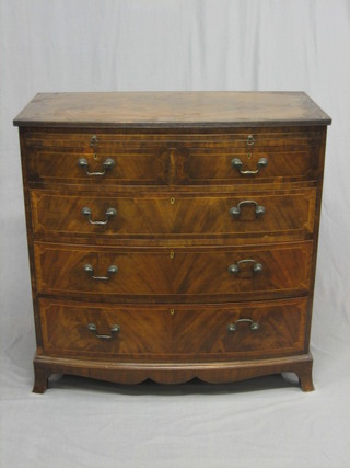 A 1930's Georgian style inlaid mahogany bow front chest with brushing slide and 2 short and 3 long graduated drawers, raised on bracket feet 37"