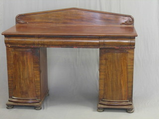 A William IV mahogany pedestal sideboard with raised back, fitted 1 long and 2 short drawers, the pedestal fitted panelled doors 61" (some veneer missing from drawers and pedestal)