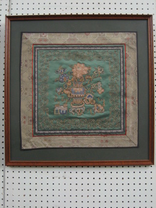 Chinese green ground embroidered panel 15" x 15"