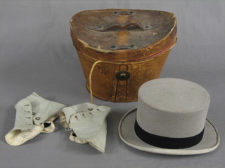 A gentleman's Ascot grey top hat by Gieves (some moth), together with a leather top  hat case (hinge f) together with a pair of grey spats