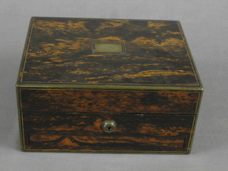 A handsome Victorian Coromandel and brass banded jewellery box with hinged lid, the base fitted a secret drawer, 9"