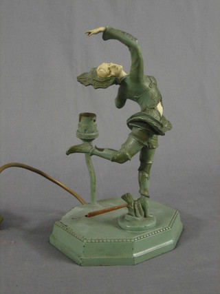 An Art Deco style table lamp in the form of a dancing spelter and simulated ivory lady with glass shade (shade f)