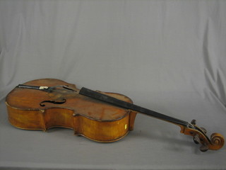 An old Cello (split to front) complete with bow