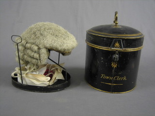 A legal wig contained in an oval Japanned metal box marked Town Clerk