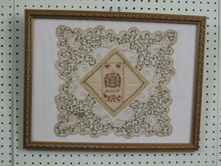 A WWI Royal Engineers embroidered souvenir handkerchief, framed 10" x 10"