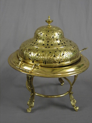 A 20th Century pierced brass brazier, raised on 4 hoof feet 22"