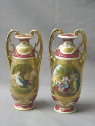 A matched pair of 19th Century Berlin porcelain twin handled vases entitled A Little Captain, the base with beehive mark, 9 1/2" and 10" (1 with handle f and r and 1 with chip to rim)