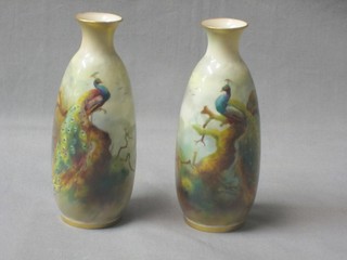 A  pair of Royal Worcester club shaped vases decorated peacocks, the base with purple Royal Worcester mark and 18 dots, marked 22491 6"