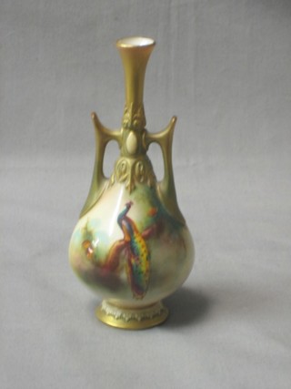 A Royal Worcester twin handled vase decorated a peacock, the base with green mark and 15 dots, base marked 305 H50.74 6"