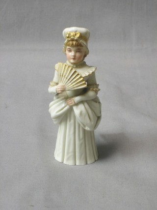 A Victorian Royal Worcester candle snuffer in the form of a bonnetted lady with fan, base with green Worcester mark and pattern registration mark (slight chip to fan) 5 1/2"