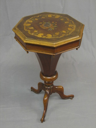 A Victorian inlaid walnut work box of conical form, raised on pillar and tripod supports 17" (veneer to top heavily damaged, missing escutcheon and with old break to base)