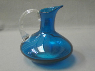 A Whitefriars green glass jug with clear glass handle 6"