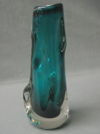 A Whitefriars green glass club shaped vase with barked decoration 10"