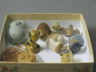 9 various Wade Whimsies and a  miniature circular basket (f)  2"