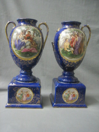 A pair of 19th Century porcelain twin handled urns decorated classical figures 16" (1 f)