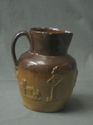 A Fulham salt glazed harvestware jug 8" (some firing cracks to handle)