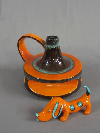 A 1960's orange pottery vase 8" together with a pottery figure of a dog 7"