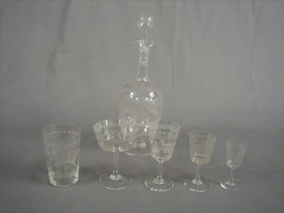 An Edwardian etched glass decanter with 10 similar etched glass champagne saucers, 11 glass sherry glasses etched foxes, 6 glass beakers etched foxes and other glassware