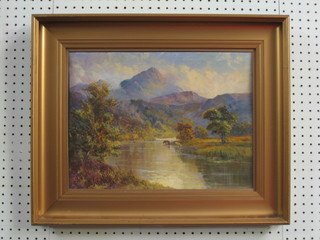 D Watts SSA, a 19th/20th Century oil painting on board "Highland Scene with Cattle in the Distance" 12" x 16" contained in a gilt frame