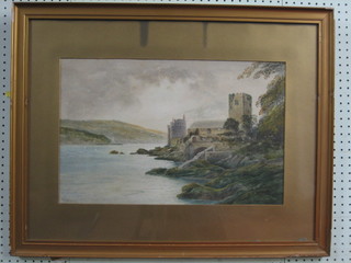 F Walters, an Edwardian watercolour "Loch with Castle" 13" x 21"