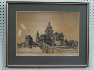 Henry Rushberry, an etching "St Paul's" 10" x 15 1/2" (some discolouration) signed in the margin