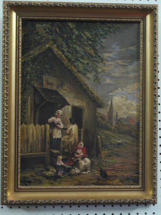 G Betteley?, an 18th/19th Century oil on canvas "Figures by a Tavern, Church in the Distance" signed 13" x 11" (re-lined), the reverse with Davidson Gallery label