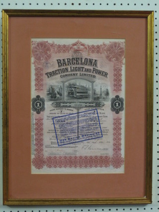 A framed share certificate for the Barcelona Traction, Light and Power Company Ltd dated 1913 14" x 10"