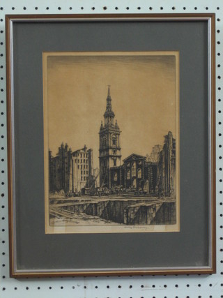 Henry Rushberry, an etching "Blitzed City of London with Church" 11" x 8"