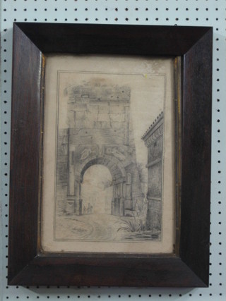 A A 19th Century pencil drawing of an archway 12" x 8" contained in a rosewood frame