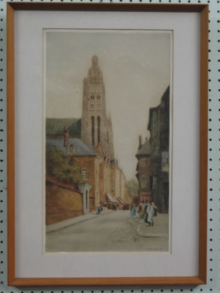 T Winter 19th/20th Century  coloured etching "Continental Street Scene with Cathedral" 16" x 9", the base with blind fret work stamp FATG BMS