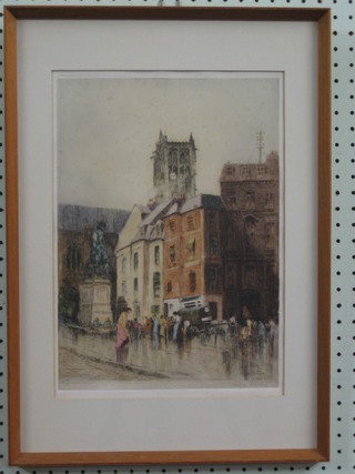 T Winter 19th/20th Century coloured etching "Market Scene" 14" x 10", the base with blind fret work stamp BVM