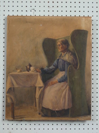 A 19th Century watercolour "Seated Elderly Lady with Table and Pot of Tea" 17" x 14" (some light damage) unframed
