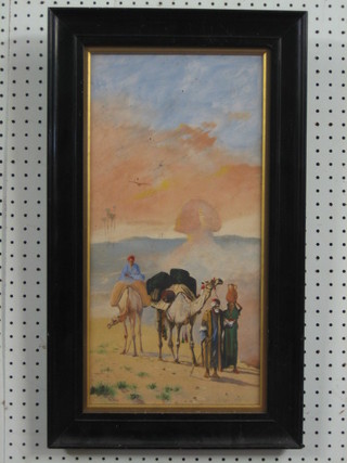 J Canl, Egyptian School, oil on canvas "Nomads with Sphinx in Distance" 19" x 10"
