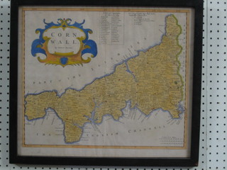 A Robert Morden coloured map of Cornwall, crease to the centre, 15" x 17"