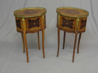 A pair of 20th Century French inlaid oval occasional tables with pierced brass gallery, fitted 3 drawers raised on cabriole supports 17"