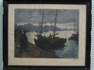 A 20th Century Continental coloured etching "Fishing Boats at Dusk" indistinctly signed in the margin and with blind fret stamp RSS, 15" x 20"
