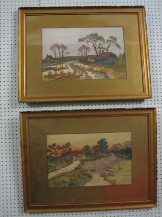 A pair of watercolours "Farm House with River and Ducks and Country Lane with Houses" 10" x 17" contained in decorative gilt frames