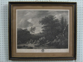 An 18th/19th Century monochrome print after Ruysdale "Waterfall" 17" x 21" contained in a gilt and black frame