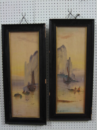 M D U Foir, a pair of 19th Century oil paintings on card "Sea Scapes, Cliffs and Boats" 24" x 8" contained in ebony frames