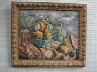 Modern art, impressionist oil on board, still life "Vase of Fruit" monogrammed J W, 19 x 23 1/2"