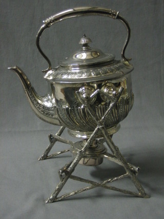 A Britannia metal tea kettle complete with stand and burner by Walker & Hall