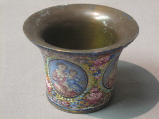 A "Persian" bronze and enamel bell shaped vase decorated figures 3"