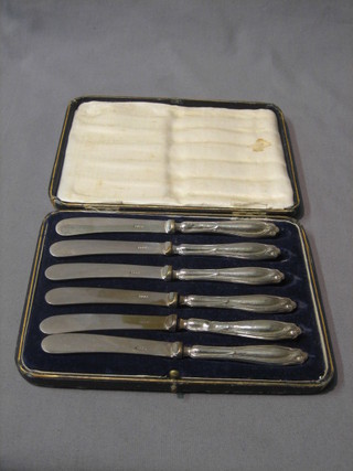 A set of 6 silver plated tea knives with silver handles, cased