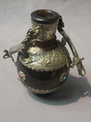 A curious Eastern "horn" and silver mounted twin handled vase with dragon handles 7"