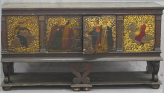 A 19th/20th Century 17th Century style sideboard fitted 4 cupboards enclosed by panelled doors with lacquered mediaeval court and knight scenes, raised on scrolled supports with undertier and bun feet, 74"