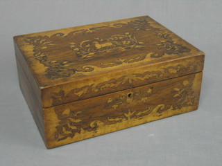 A Victorian inlaid mahogany sewing box, the hinged lid inlaid a running horse and with a fitted interior 12"