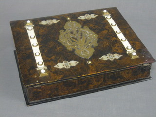 A 19th Century papier mache and walnut finished writing slope the lid with ivory and pierced brass inlay (old repair to hinges) 13 1/2"