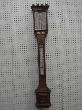 A 19th Century mercury stick barometer and thermometer, The Standard Swift of 43 University St. Tottenham Court Road, London, with ivory indicator board, contained in a carved Gothic case